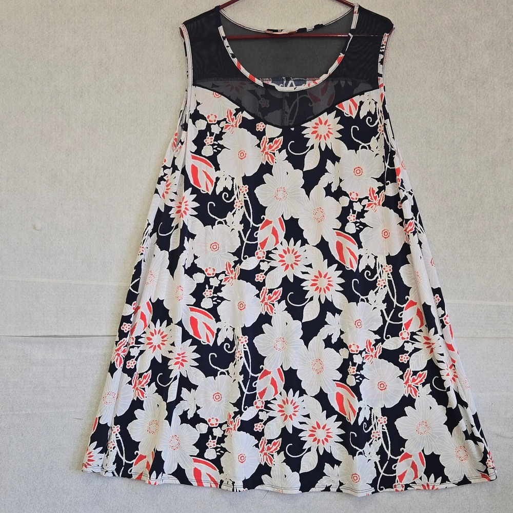SJS Plus Size 2X Floral Mesh Yoke Sleeveless Tank Top Navy White Red D1713X-SH